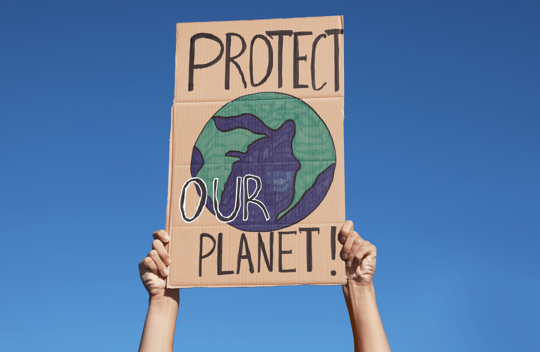 A pair of hands are holding up a hand drawn cardboard sign which reads 'protect our planet' alongside a drawing of the globe in blue and green.