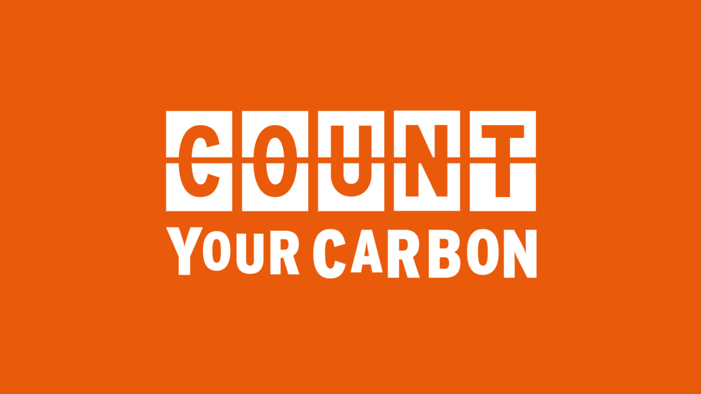 A white logo reading 'Count Your Carbon' on a bright orange background. The letters within 'Count' resemble a flip style clock.