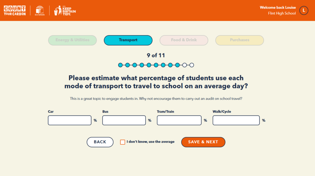 A screenshot of Count Your Carbon. It asks the question 'Please estimate what percentage of students use each mode of transport to travel to school on an average day?'.