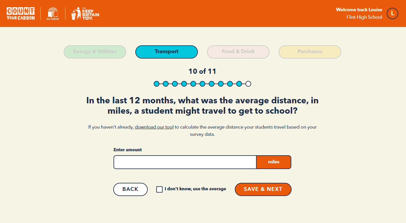 A screenshot of Count Your Carbon. It asks the question 'In the last 12 months, what was the average distance, in miles, a student might travel to get to school?'.