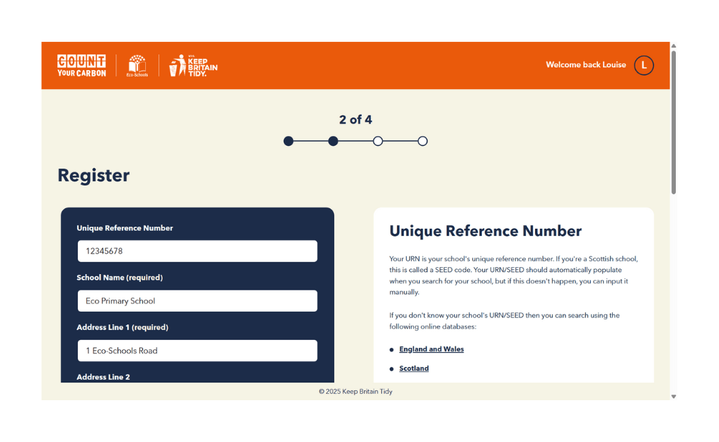 A screenshot of Count Your Carbon. It shows the 'register' screen.