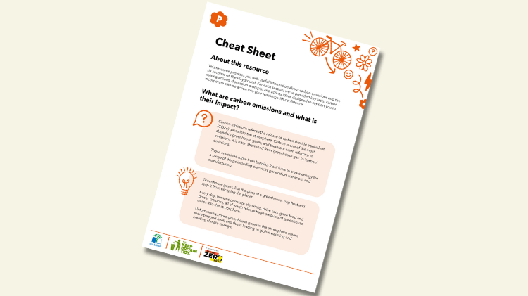 A screenshot of the cheat sheet resource. It contains lots of text which isn't visible, but you can see the headings 'Cheat sheet' and 'What are carbon emissions and what is their impact?'. There are also some orange doodle type illustrations in the top corner of the image.