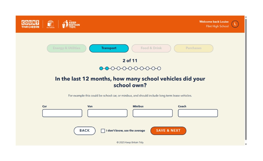 A screenshot of Count Your Carbon. It shows the question 'In the last 12 months, how many schools vehicles did your school own?'.
