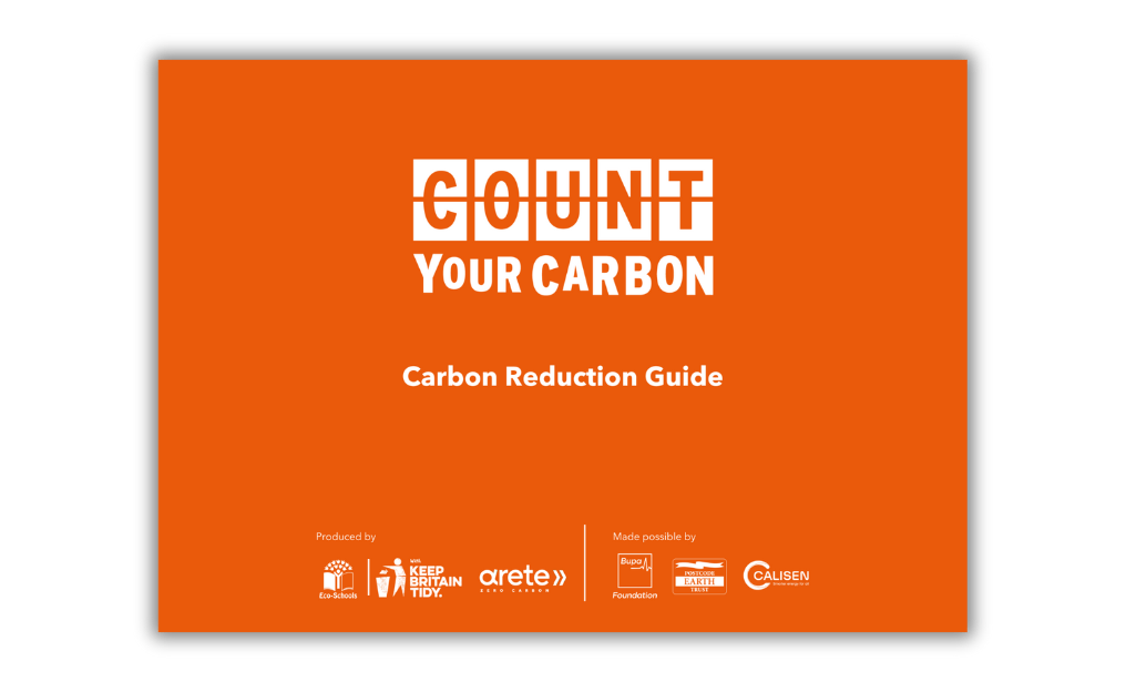 A screenshot of the front cover of the carbon reduction guide. It is a bright orange with the white 'Count Your Carbon' logo on the front, alongside the title 'Carbon Reduction Guide'.