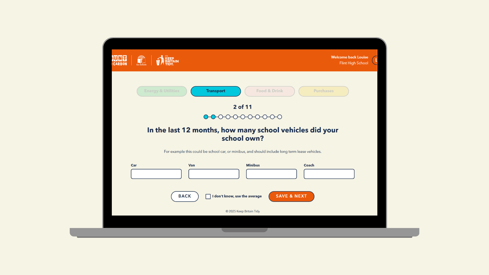 A screenshot of the Count Your Carbon calculator, displaying a question about how many vehicles a school owns