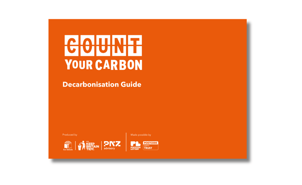 A screenshot of the front page of the Count Your Carbon Decarbonisation Guide. It has a block orange background with the Count Your Carbon logo on the front, and the heading 'Decarbonisation Guide' below it.