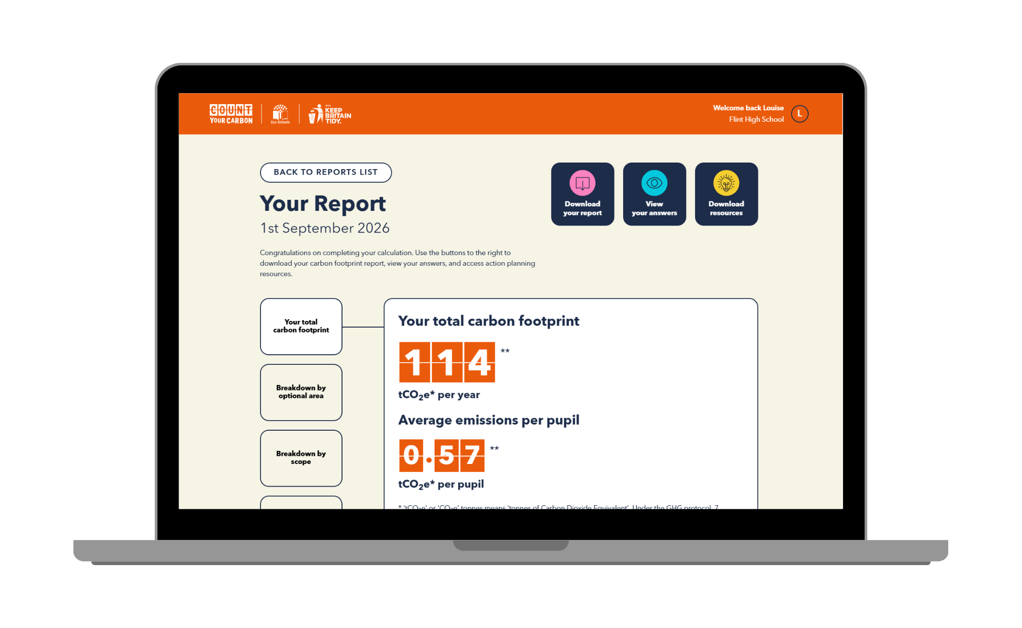 A screenshot of the Count Your Carbon reporting dashboard, showing a total footprint figure for a school alongside a per pupil figure
