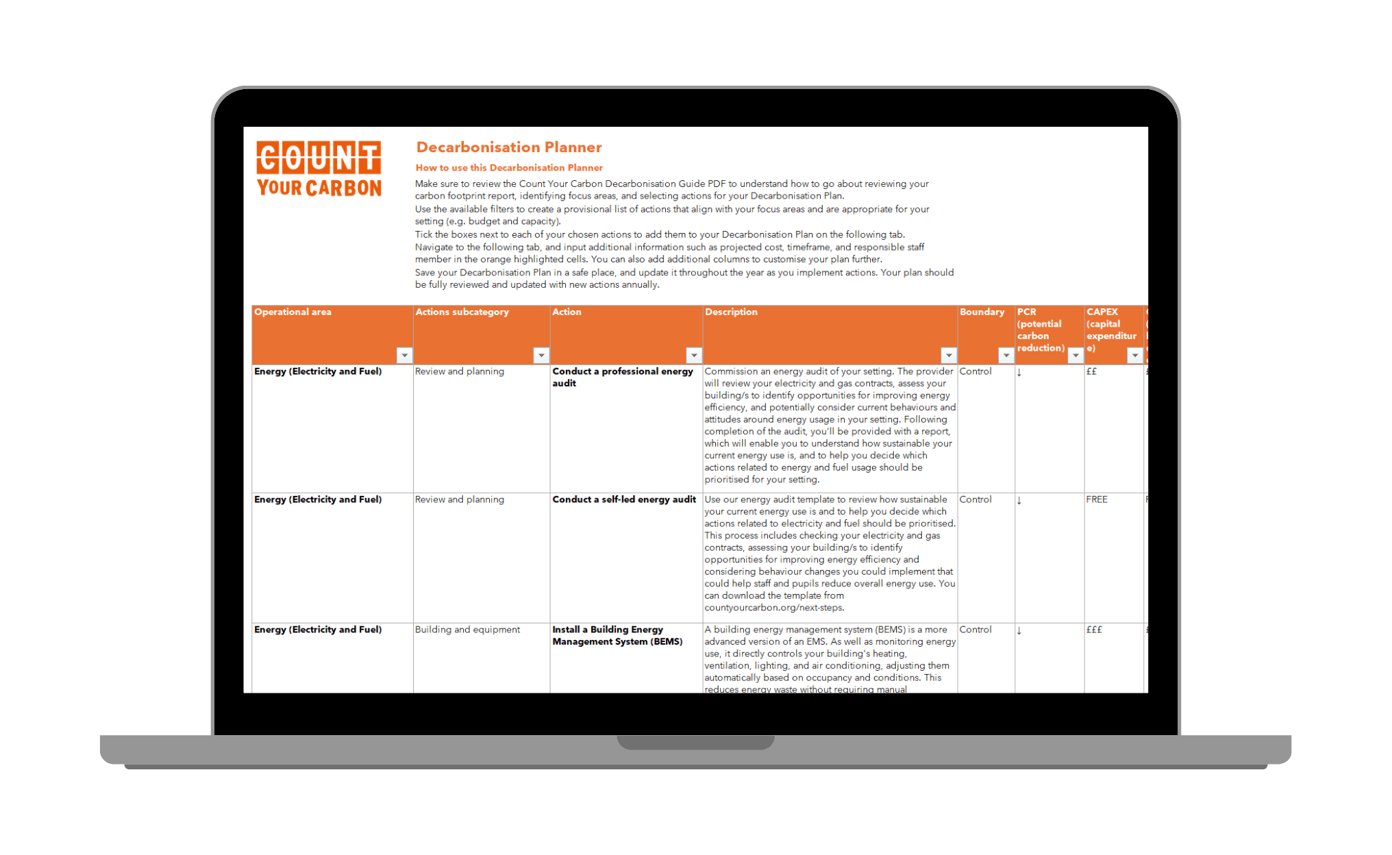 A screenshot of the Count Your Carbon Decarbonisation Planner, it lists a series of actions in a table